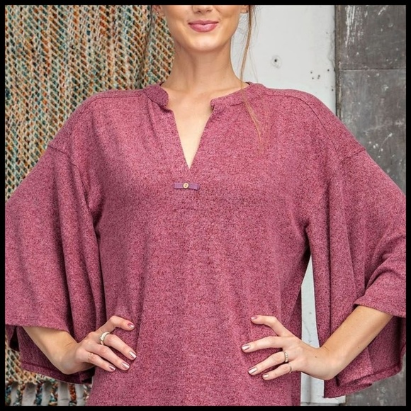 EASEL Hacci Knit Sweater Dress Mandarin Collar V-Neck & Statement Bell Sleeves - Picture 7 of 16